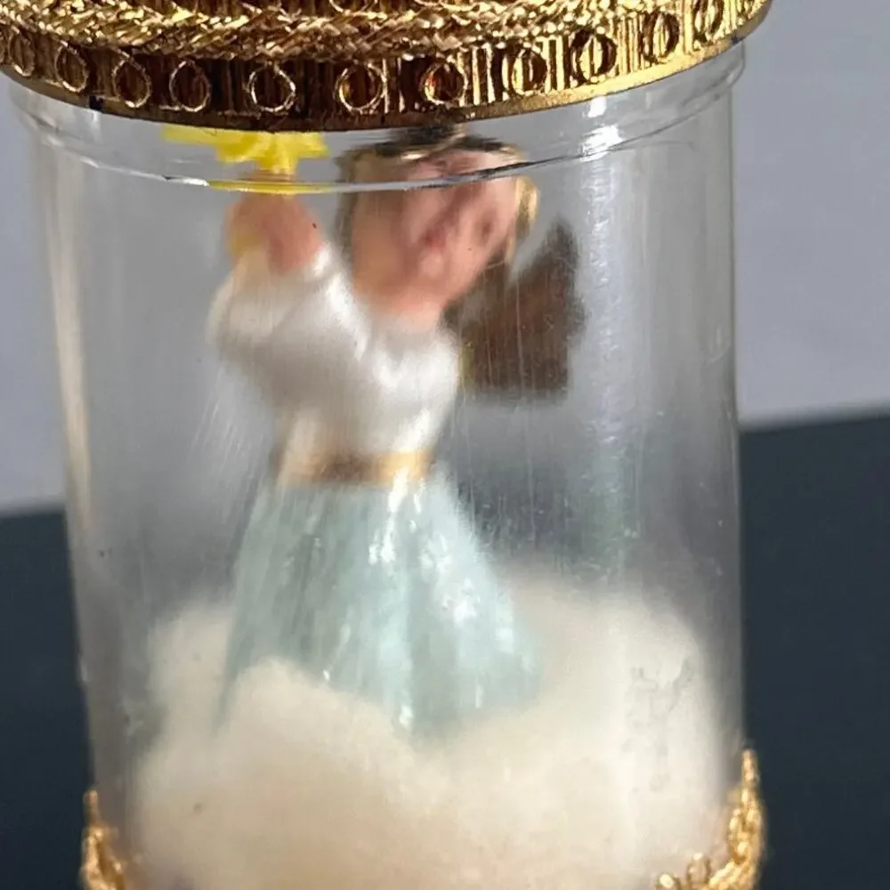 VTG Handmade Baby Angel Pill Bottle Ornament Set 3 Plastic Diorama Gold Trim 50s